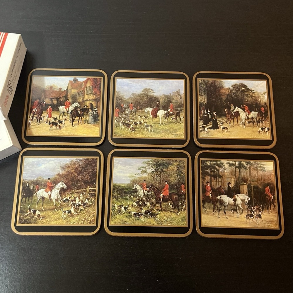 Pimpernel Tally Ho Coasters Set of 6 4" Square Cork Back Fox Hunting Equestrian